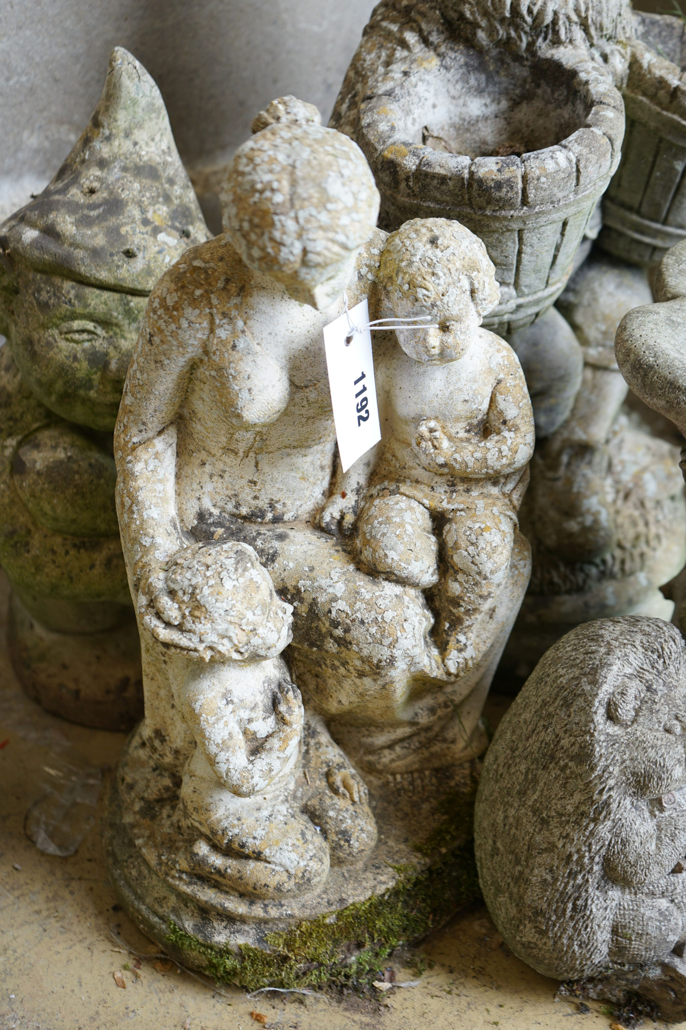 Five reconstituted stone garden ornaments, largest height 55cm